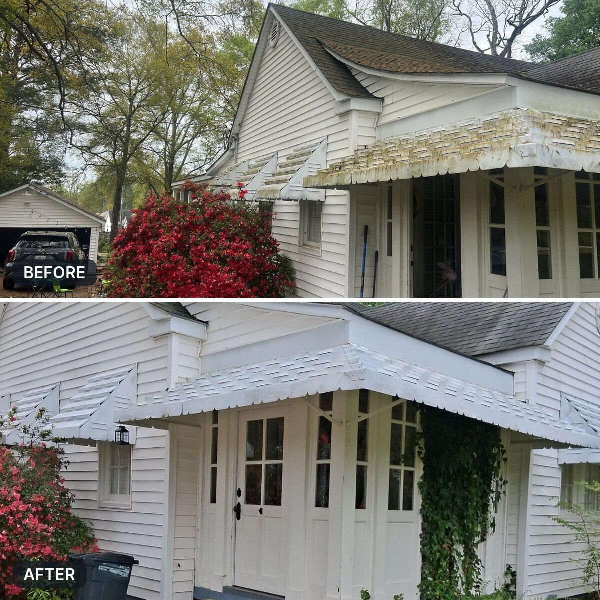 Before and after: green mildew on a front porch awning and white siding, pressure washed clean.